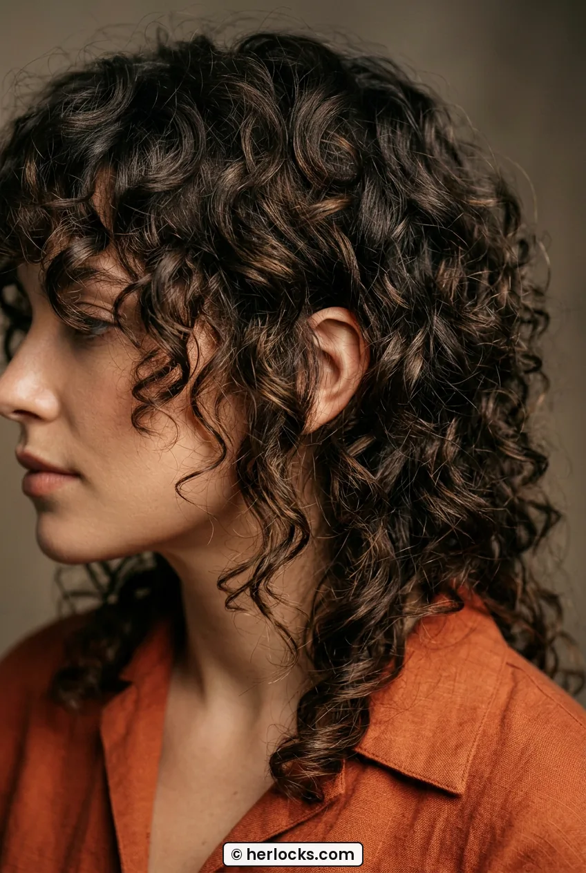 Close-up of rounded crown layers on curly wolf cut showing texture detail