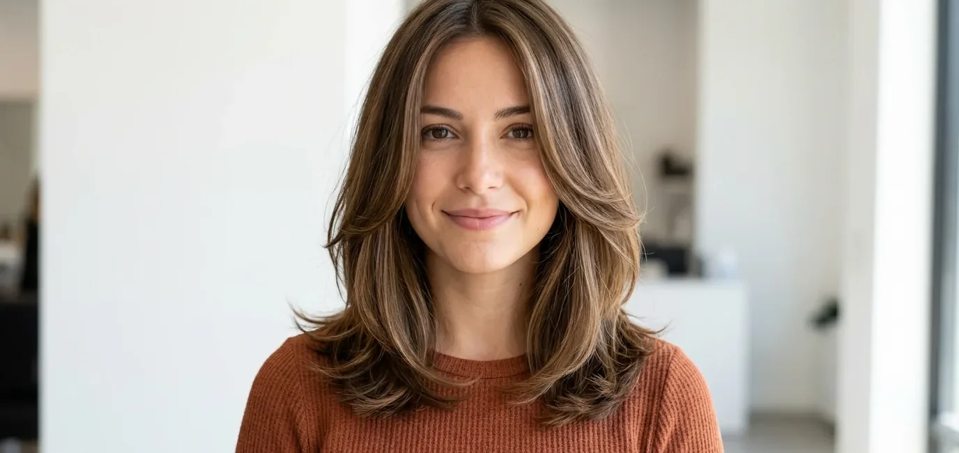 Woman with collarbone length layered lob styled in soft swingy blowout in bright light