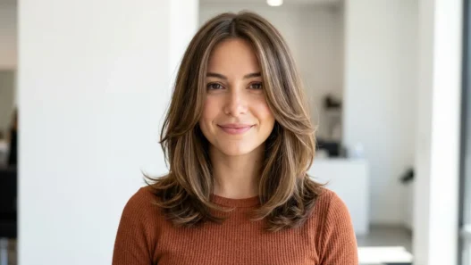 Woman with collarbone length layered lob styled in soft swingy blowout in bright light