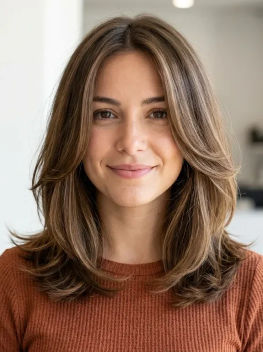 Woman with collarbone length layered lob styled in soft swingy blowout in bright light