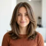 Woman with collarbone length layered lob styled in soft swingy blowout in bright light