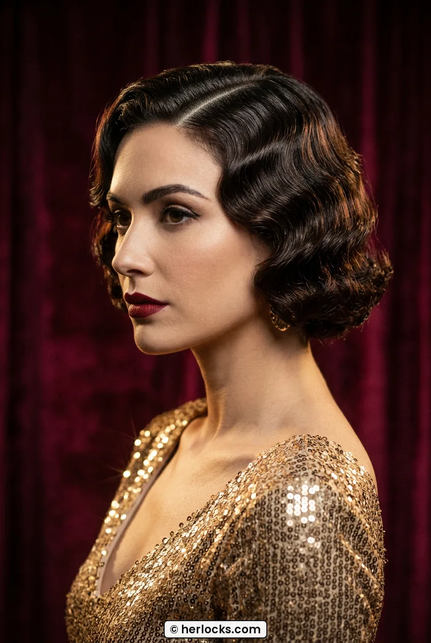 Woman with short sculpted finger waves and deep side part in close portrait