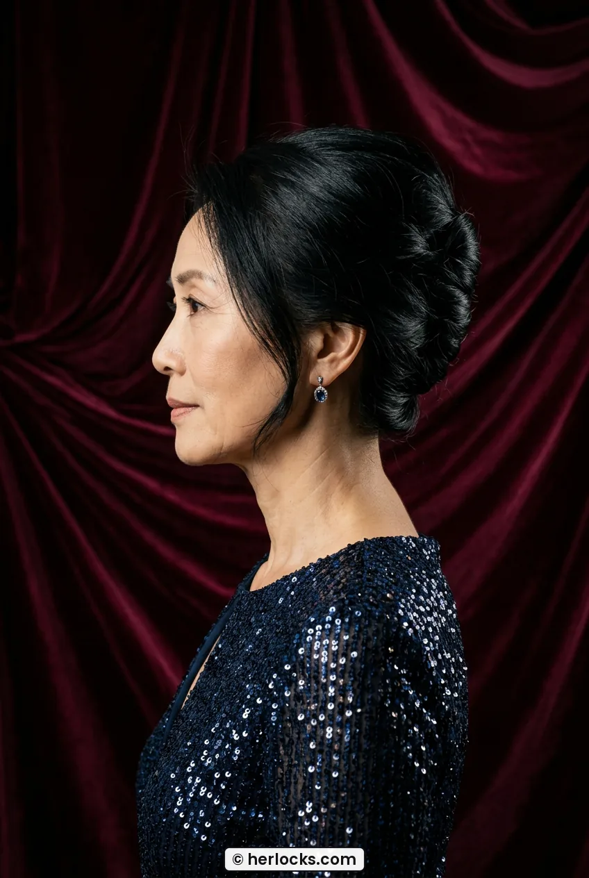 Elegant woman in side profile wearing sculpted black French twist updo in studio light