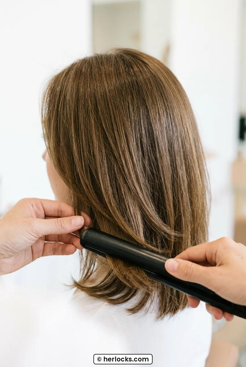 Hands sealing ends of layered lob with flat iron for soft under bend
