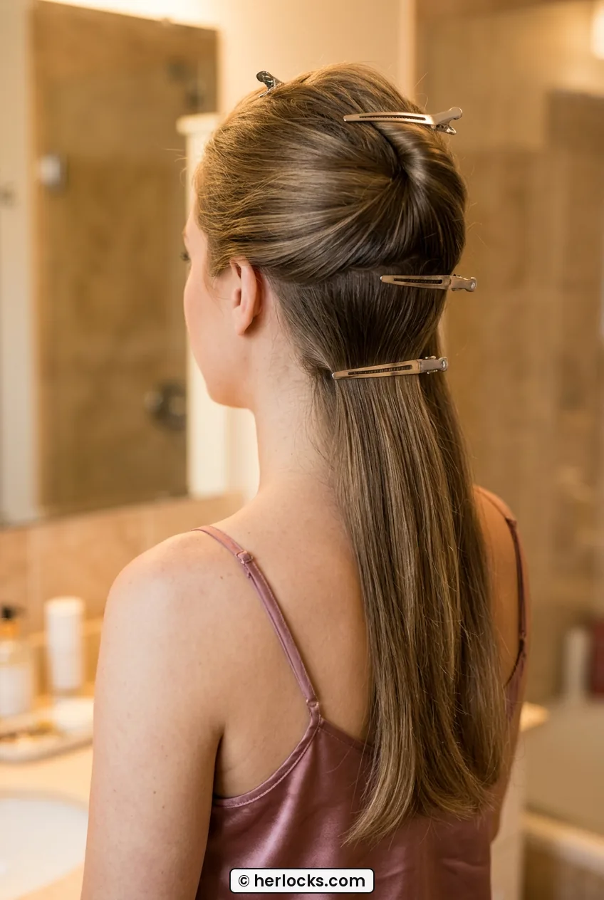 Woman with long hair clipped in sections ready for curling in warm light