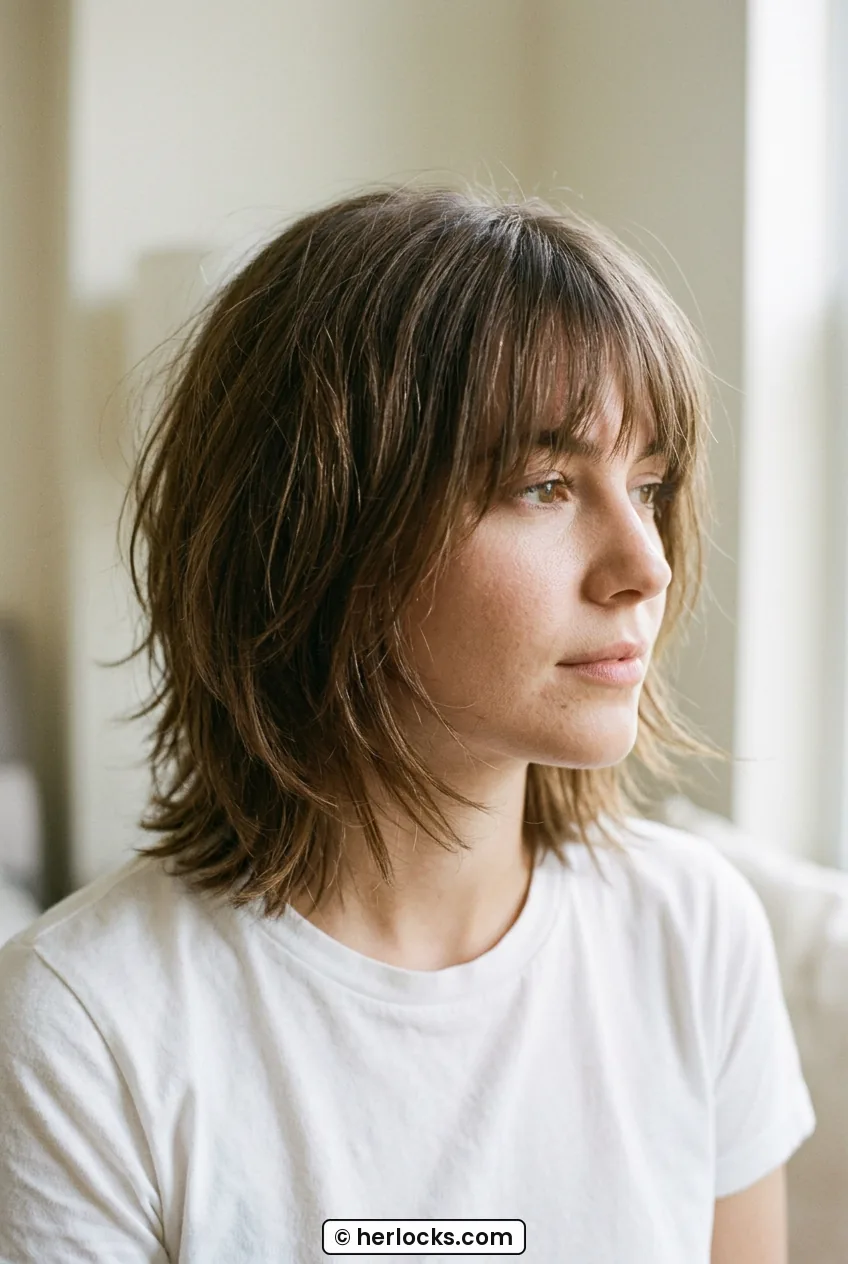 Woman with layered bob and sheer wispy fringe across forehead in three-quarter view