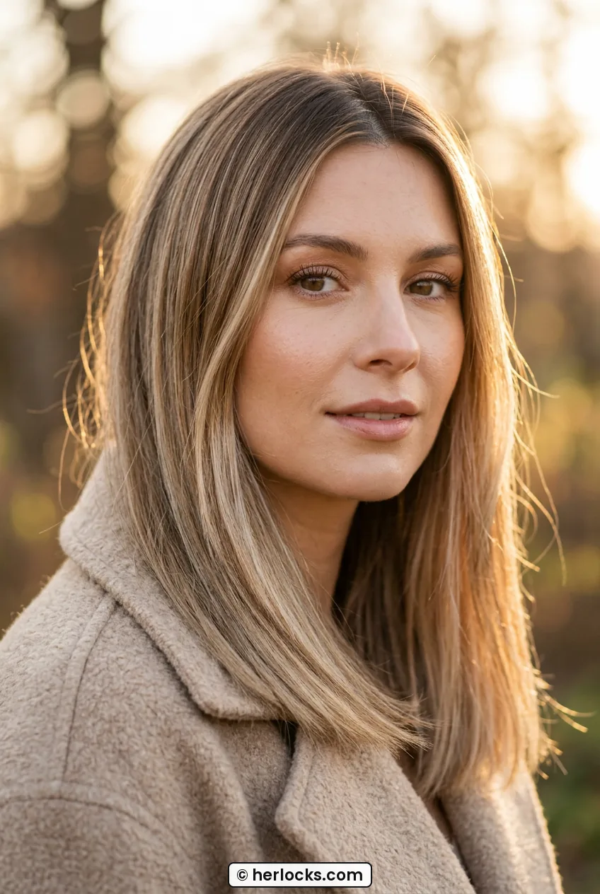 Woman with shadow root and honey gloss blonde on straight medium hair
