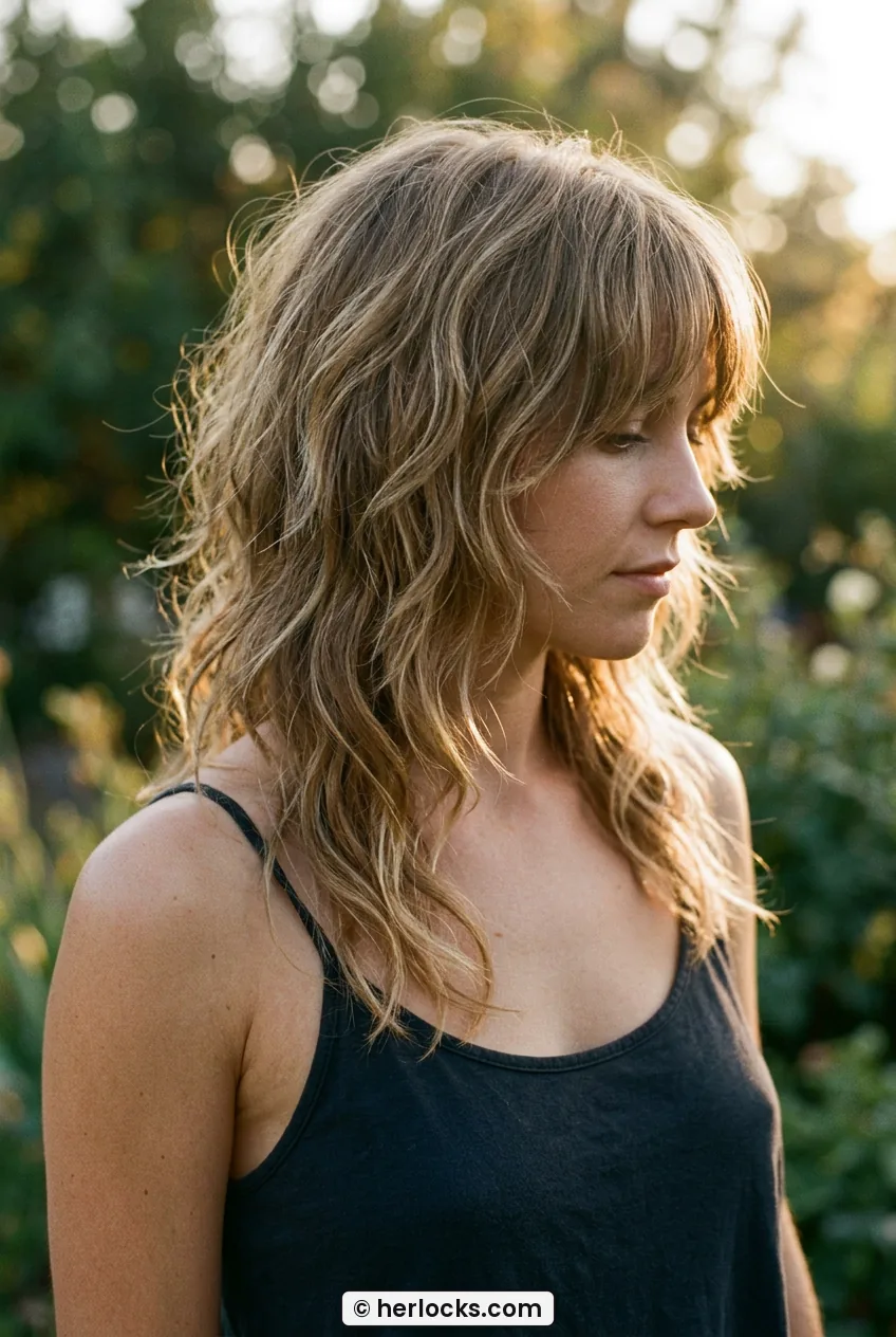 Woman with shoulder length shaggy layers and curtain bangs in tousled waves