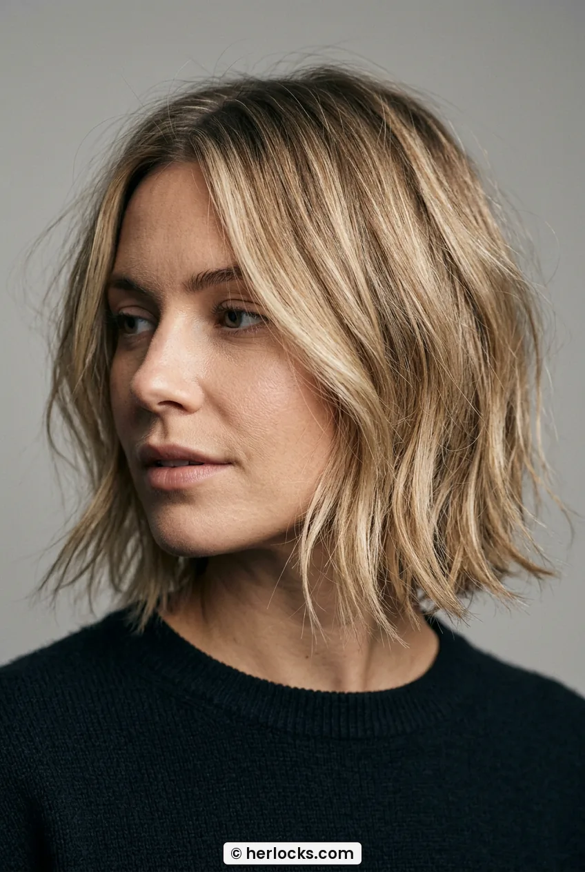 Woman with shaggy textured bob showing flicked ends and lived-in blonde detail