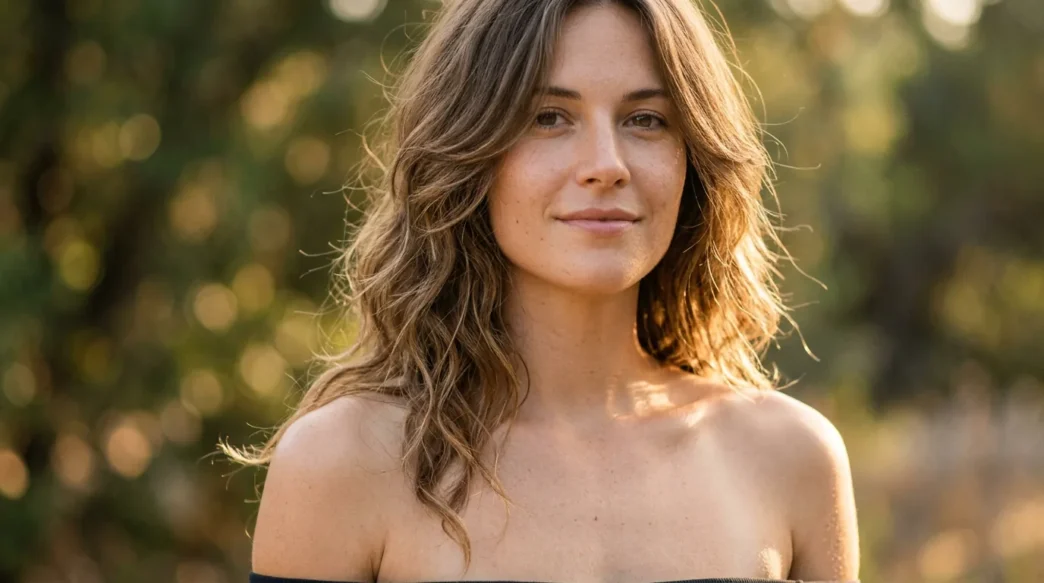 Woman with shoulder length layered wavy hair falling over bare shoulders in golden light
