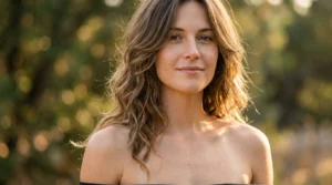 Woman with shoulder length layered wavy hair falling over bare shoulders in golden light