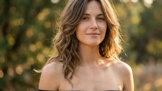 Woman with shoulder length layered wavy hair falling over bare shoulders in golden light