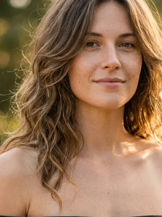 Woman with shoulder length layered wavy hair falling over bare shoulders in golden light