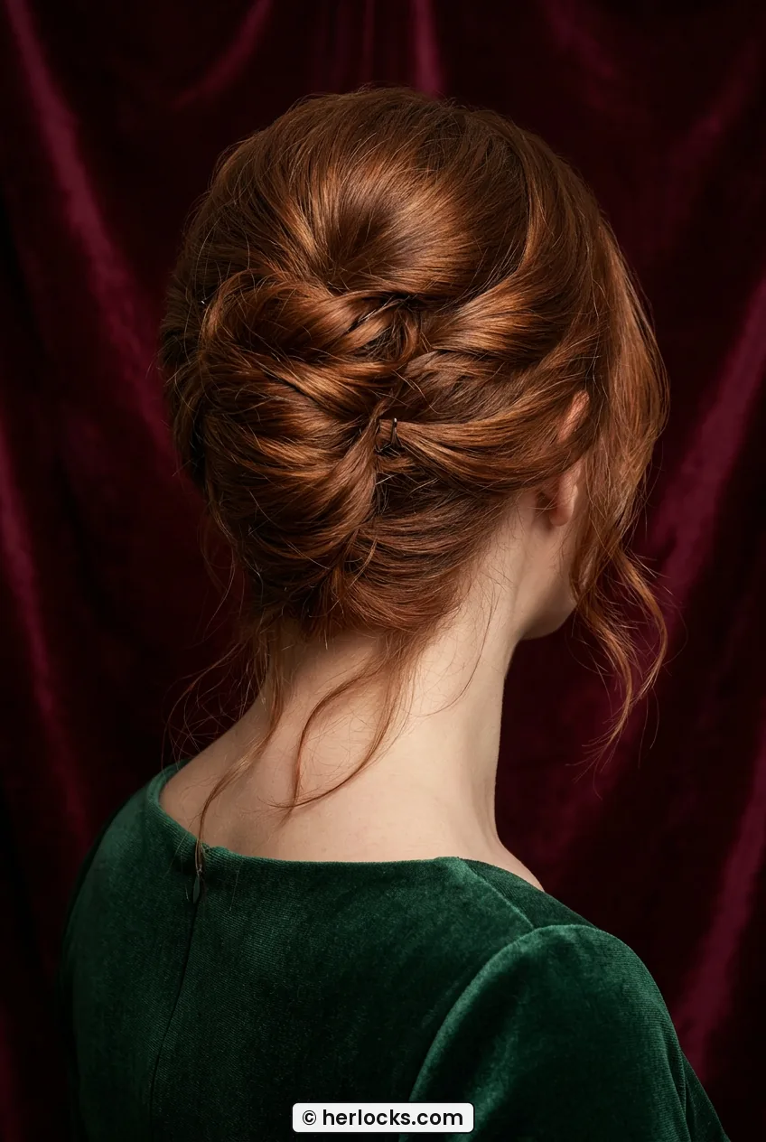 Woman with shoulder length auburn hair in classic French twist shown from back