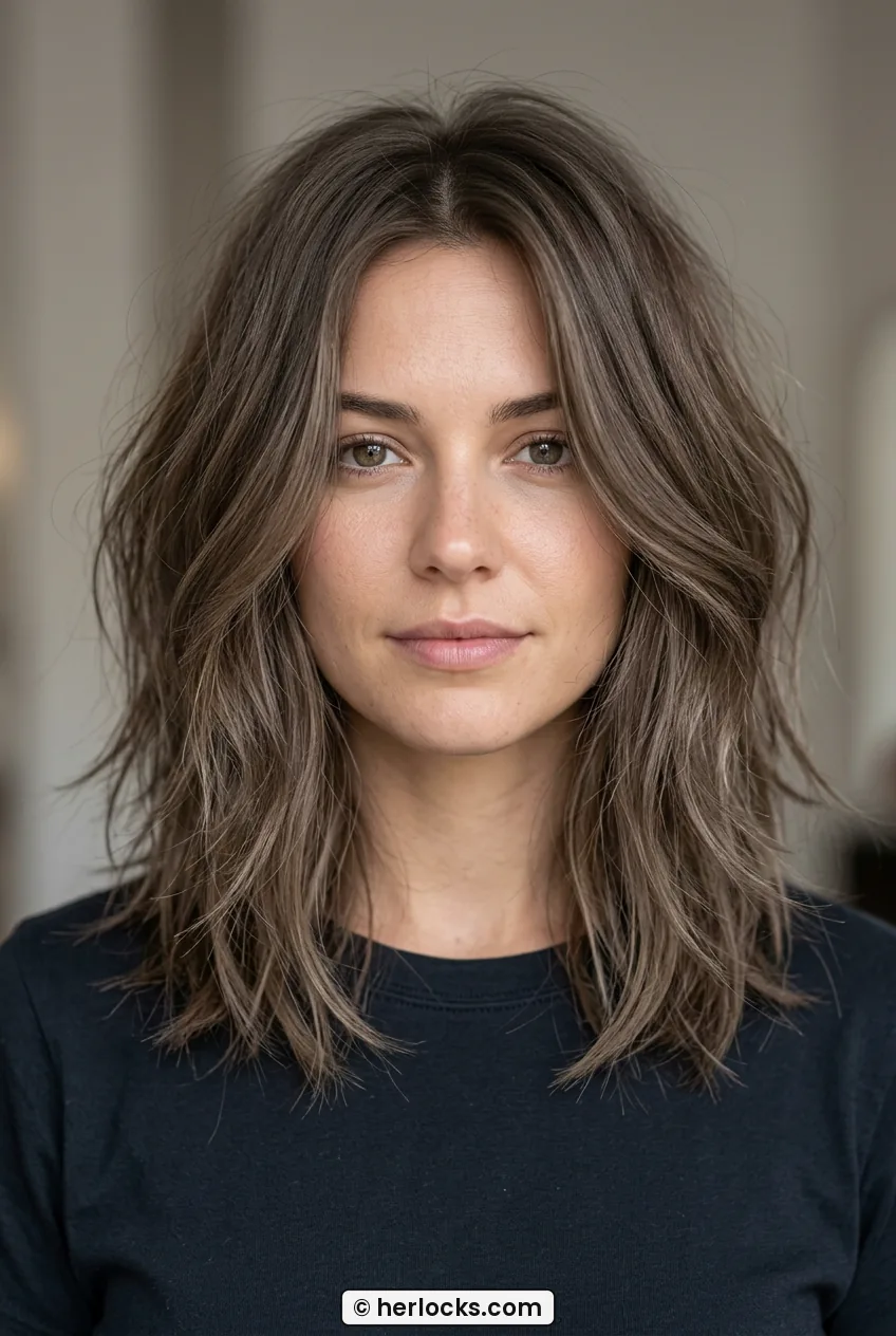 Woman with shoulder-grazing mushroom brown shaggy bob showing long blended layers