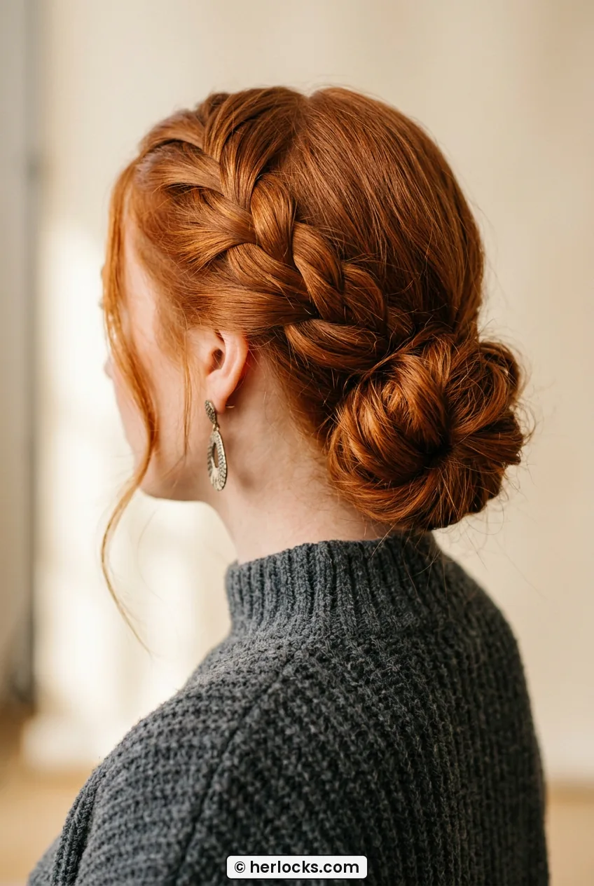 Woman with side-swept braid coiled into low side bun behind ear