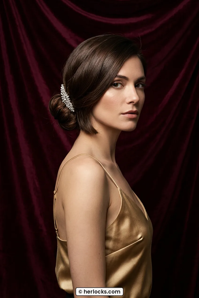 Woman with chocolate brown low bun and side part with crystal clip in portrait