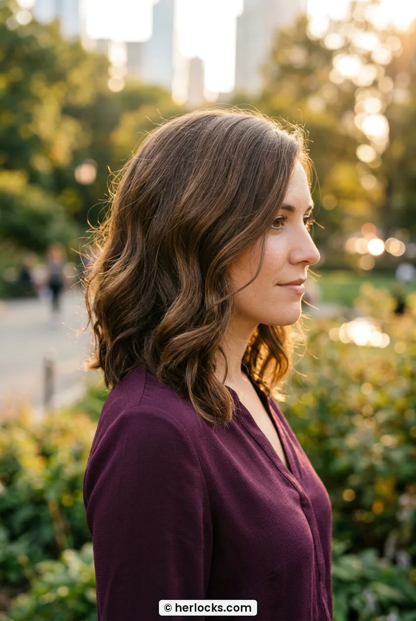 Woman with shoulder lob styled in deep side part with voluminous soft wave