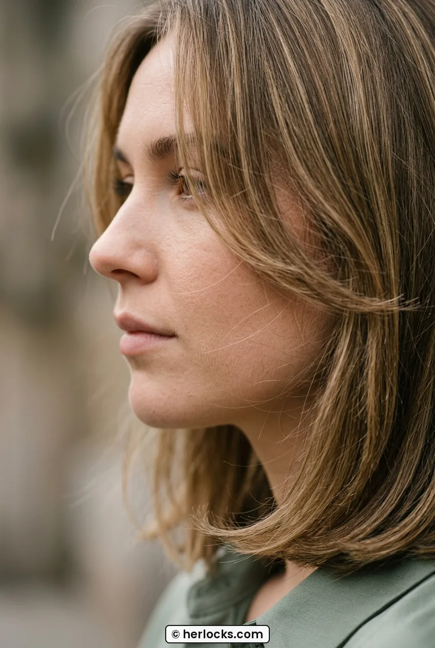 Side profile of woman with dark blonde mid length hair curving softly under jawline