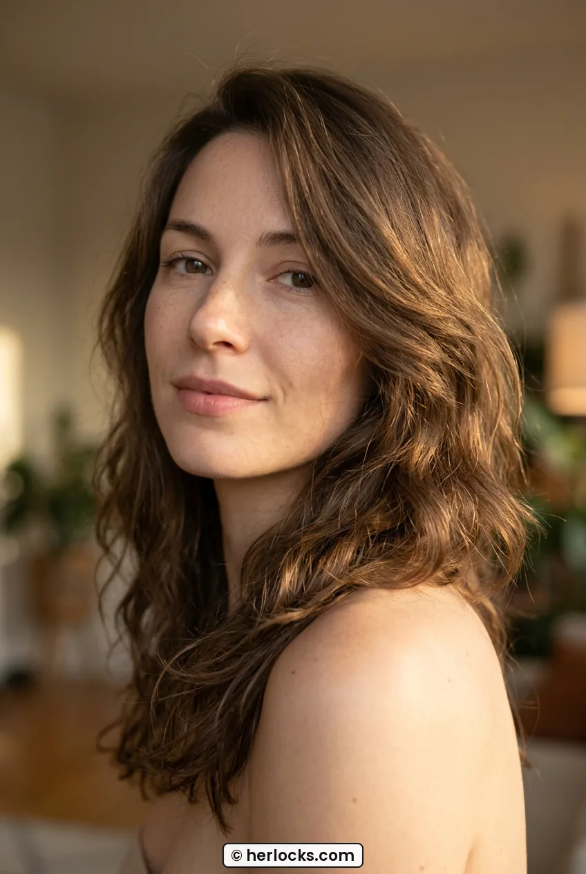 Woman with side-swept layered waves resting over one bare shoulder