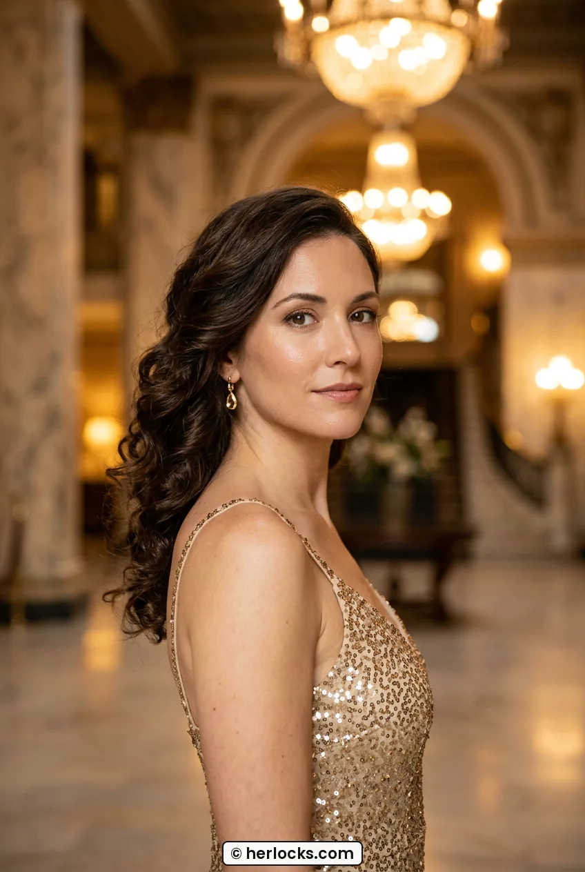Woman with side-swept curls over one shoulder wearing gold sequin dress