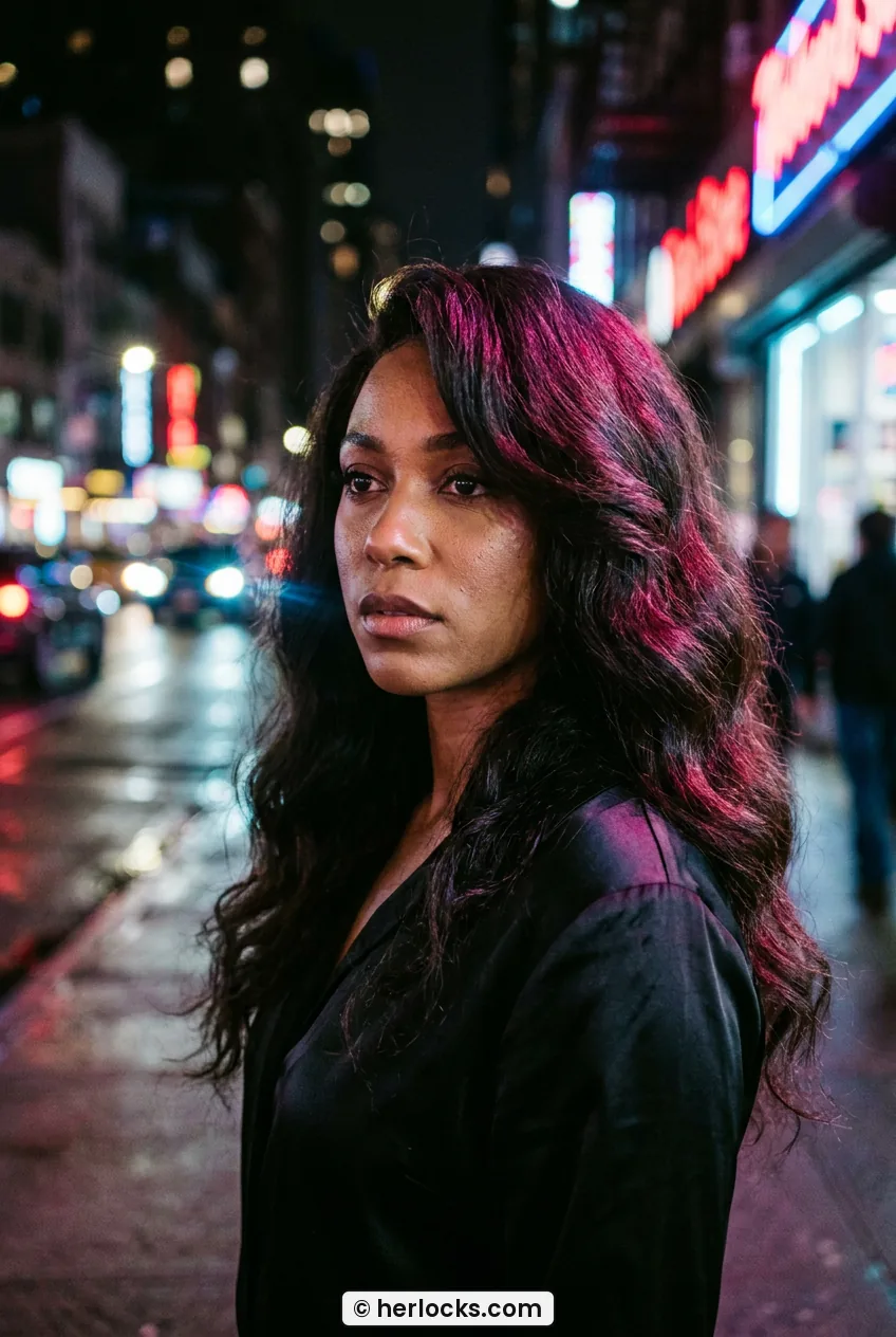 Woman with brushed-out side-part glam waves glowing in pink neon light
