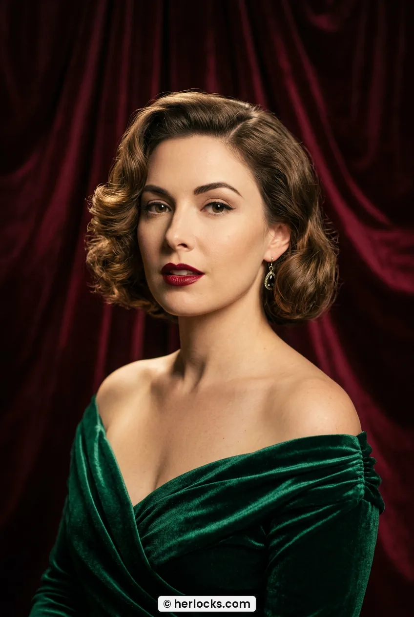 Woman with short bob styled in soft side-swept vintage curls