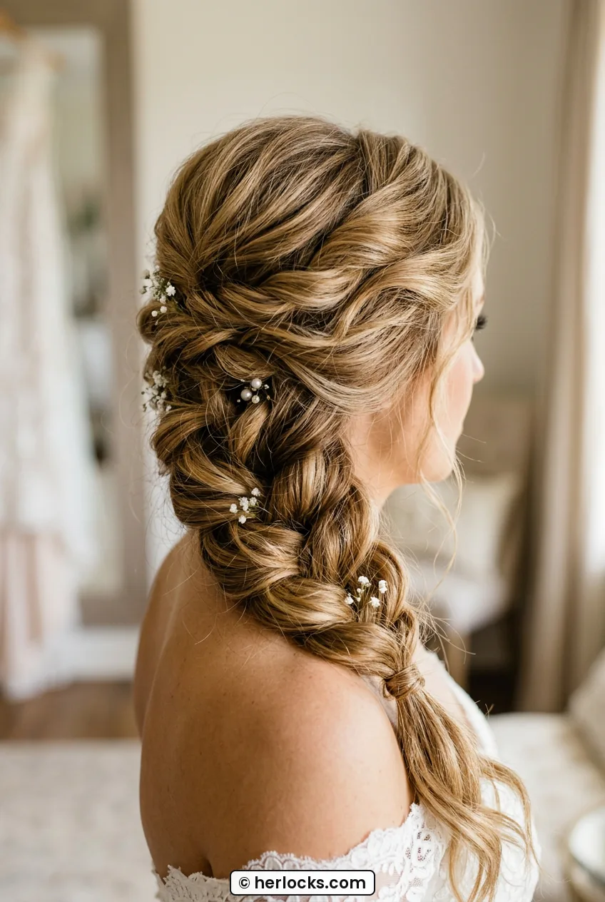 Woman with honey blonde hair in soft side swept braid over shoulder