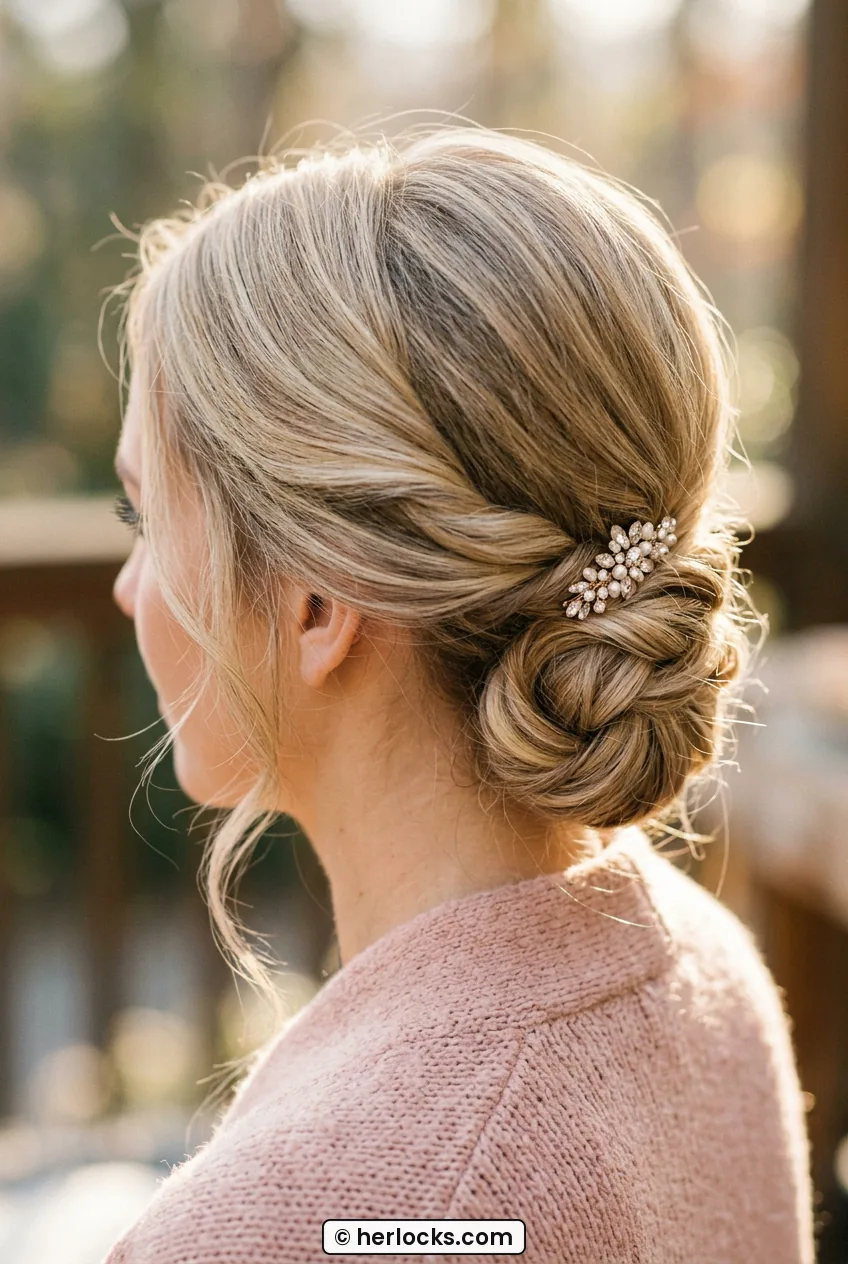 Side view of fine hair twisted into low side bun with jeweled clip