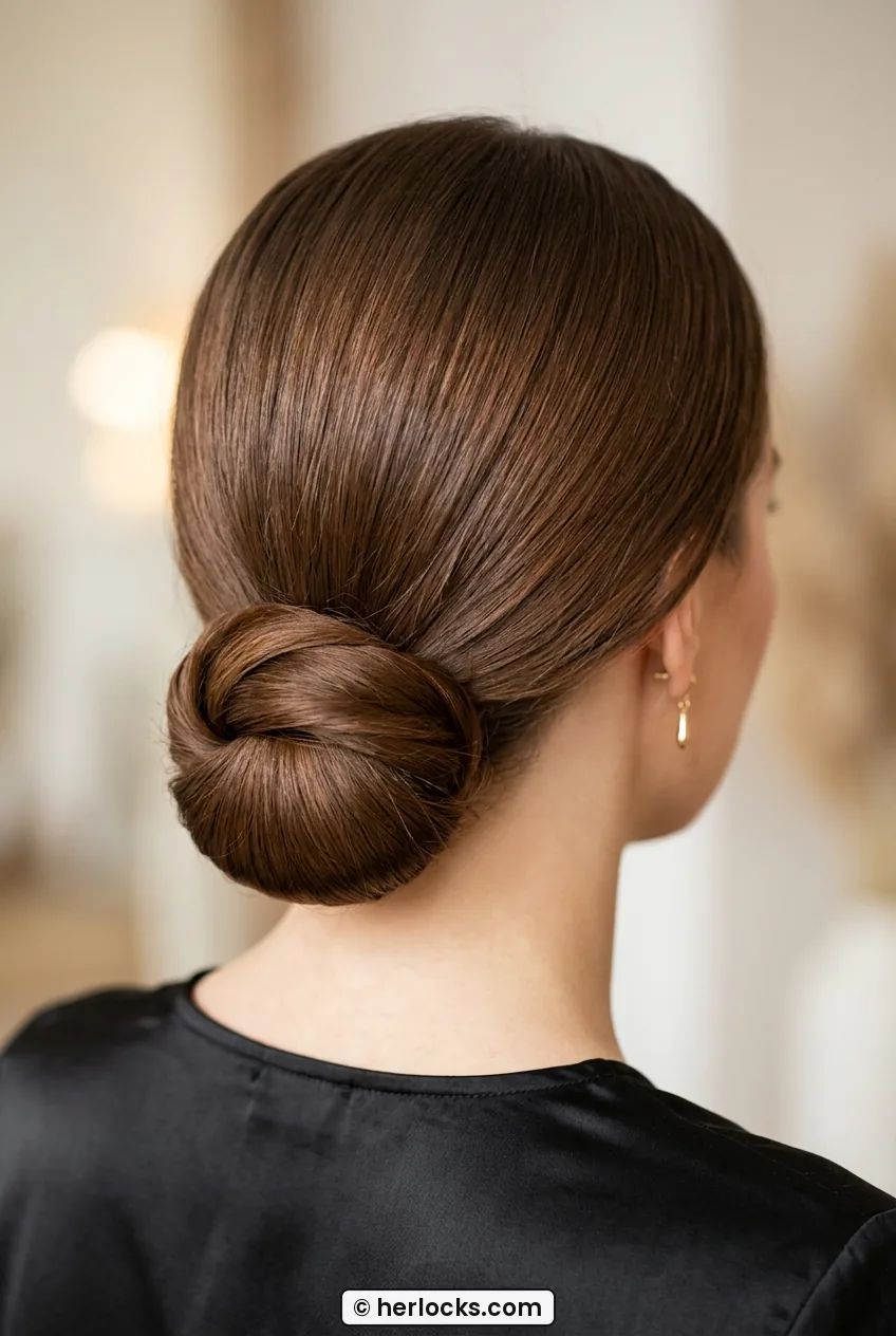 Woman with sleek chestnut chignon tucked cleanly at nape from behind