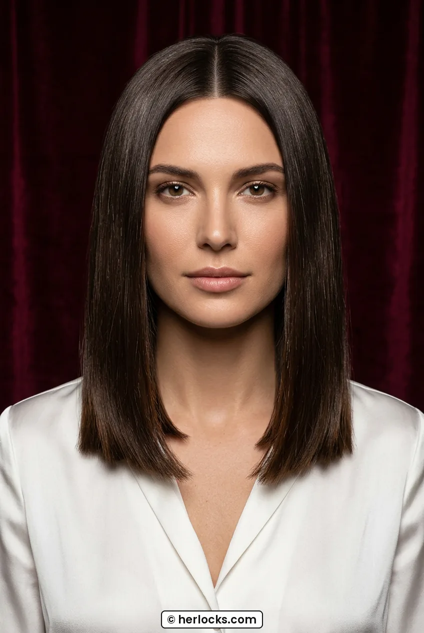 Woman with sleek collarbone lob with middle part showing blunt glossy ends chest up