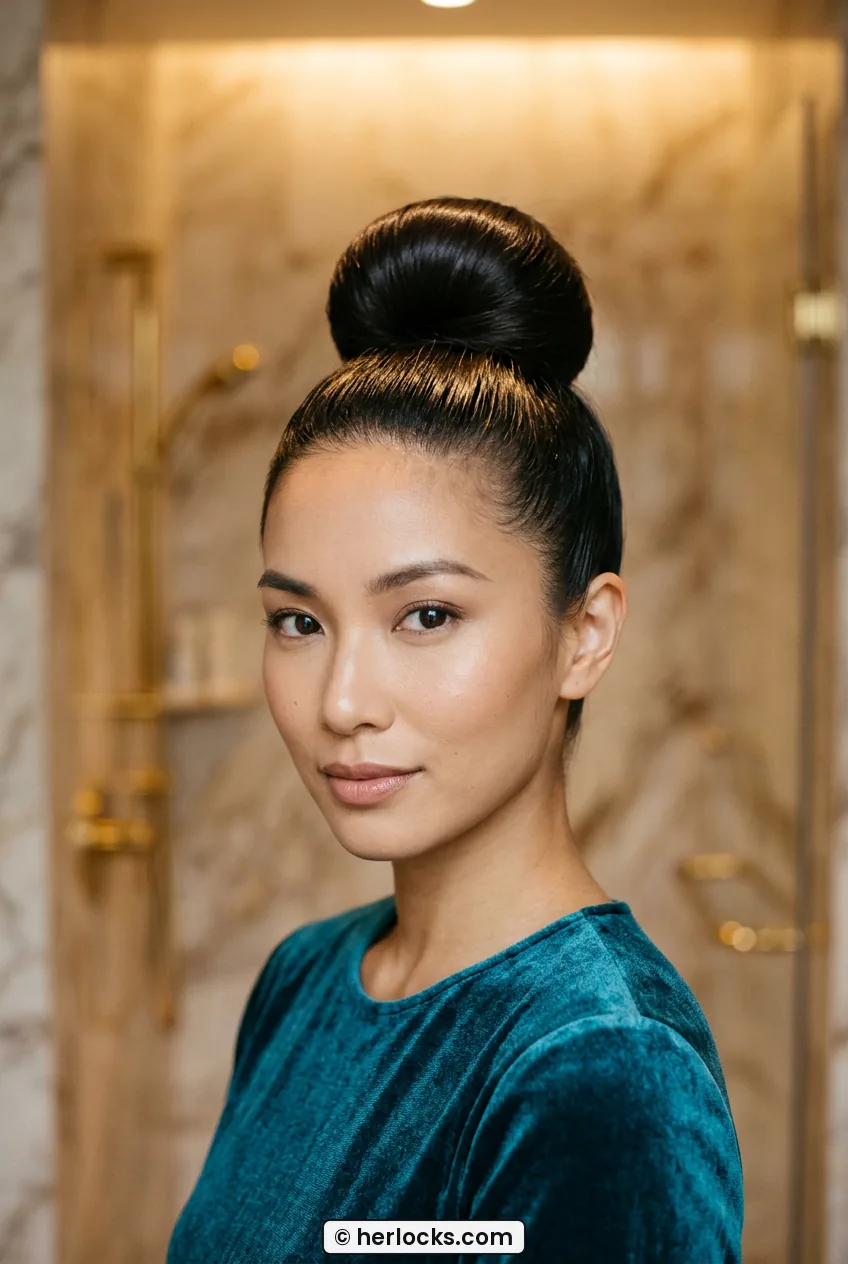 Woman with high sleek ballerina bun and smooth hairline in front portrait