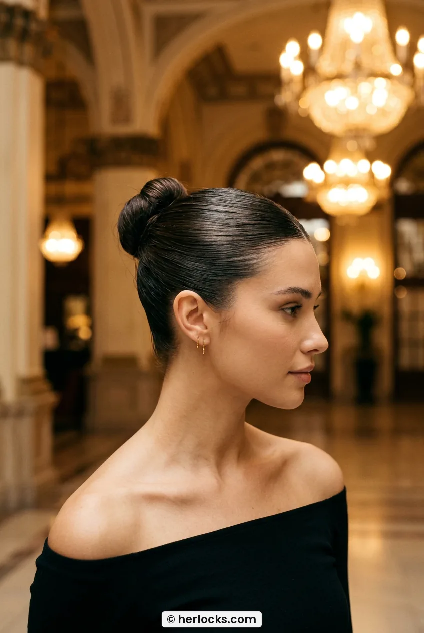 Woman with sleek high bun and middle part showing polished neckline detail