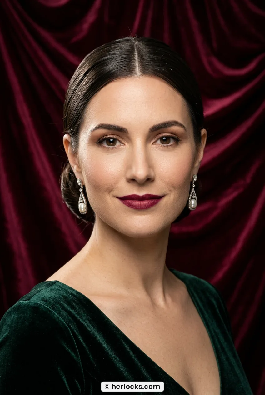 Woman with middle part sleek low chignon at nape in close front portrait