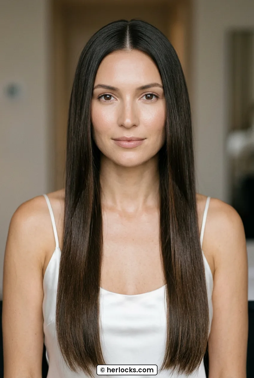 Woman with extra long sleek straight dark hair in middle part close to face