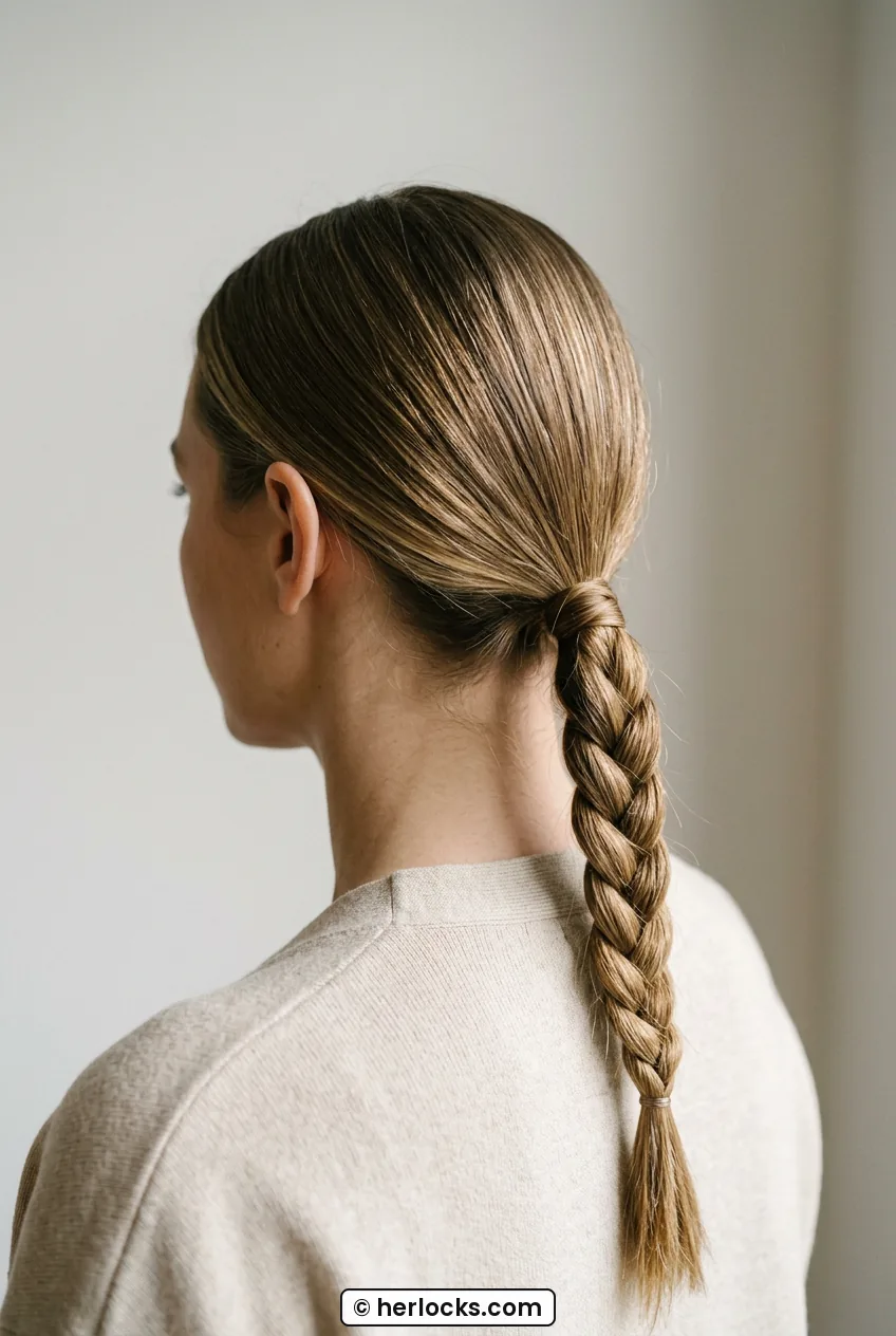 Woman with dark blonde hair in sleek low braided ponytail with center part