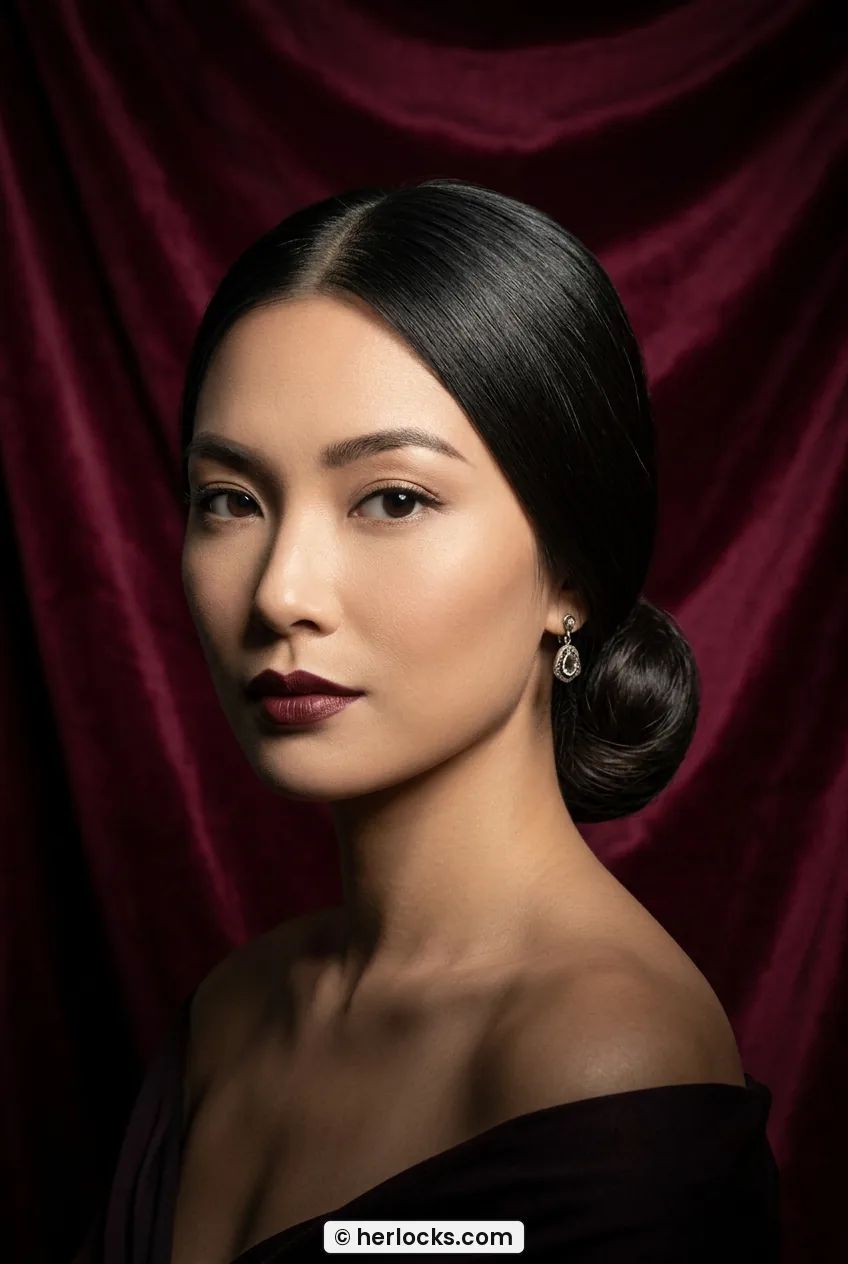 Front view of woman with sleek low center part bun smoothed to nape in elegant style
