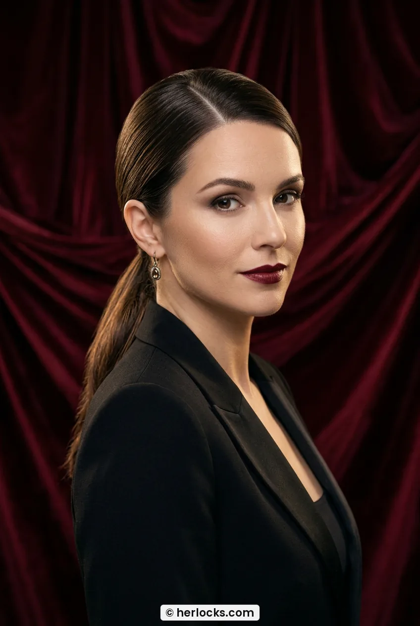 Woman with sleek dark brown low ponytail and deep side part against velvet backdrop