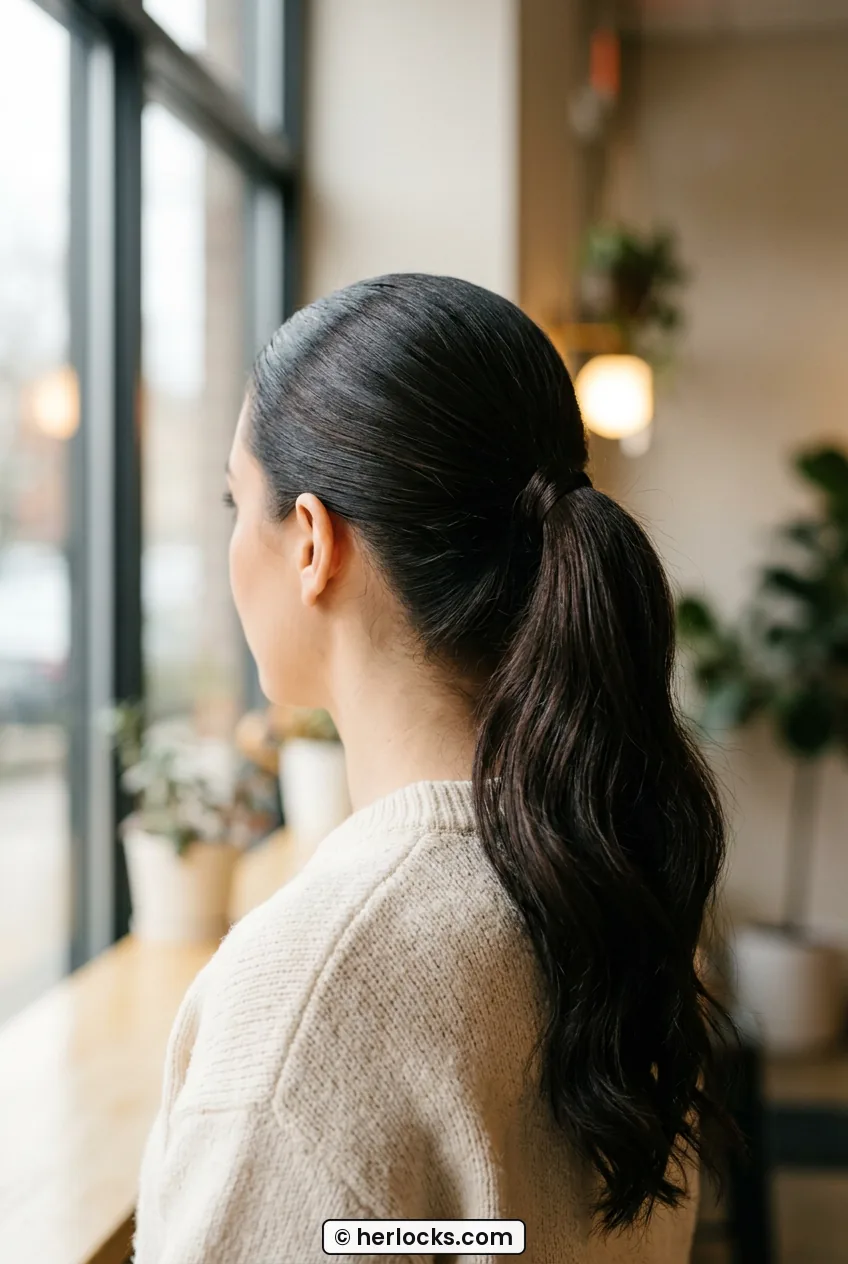 Woman with sleek mid height ponytail showing smooth shiny crown in window light