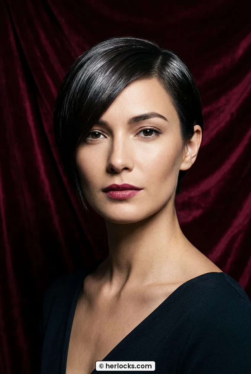 Woman with sleek short pixie cut featuring long side swept front and glossy finish