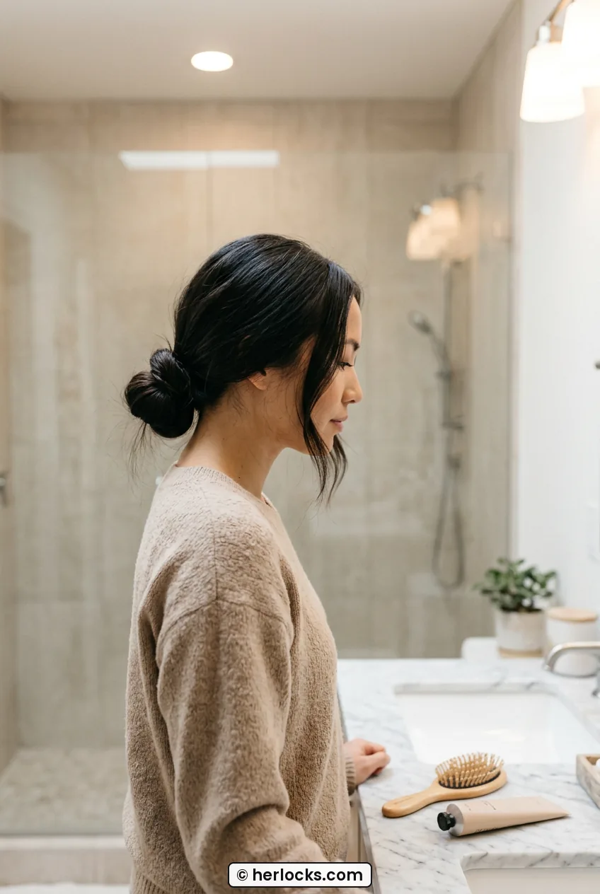 Side profile of woman with long hair in loose low bun wearing beige knit top
