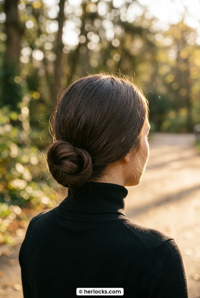 Woman wearing sleek low loop bun at the nape with polished middle part