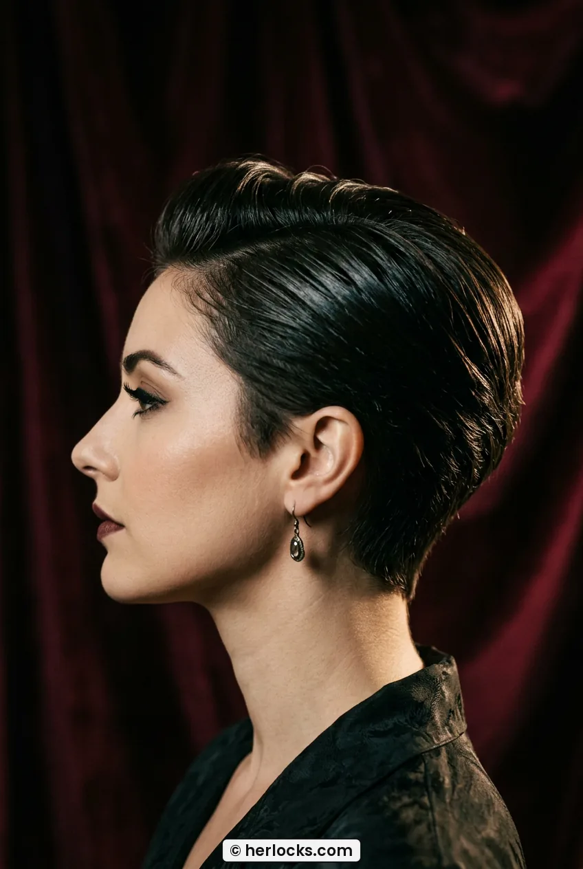 Woman with slicked-back pixie showing tapered sides and lifted glossy crown