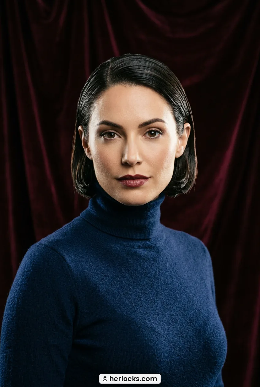 Woman with slicked-back glossy chin-length bob tucked neatly behind ears