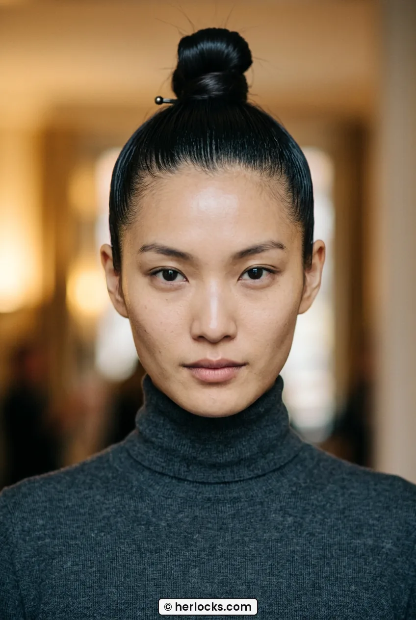 Woman with sleek tight topknot showing smooth pulled back holiday style
