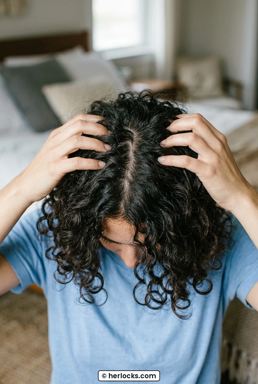 Close view of medium curly hair with smooth voluminous crown in soft daylight
