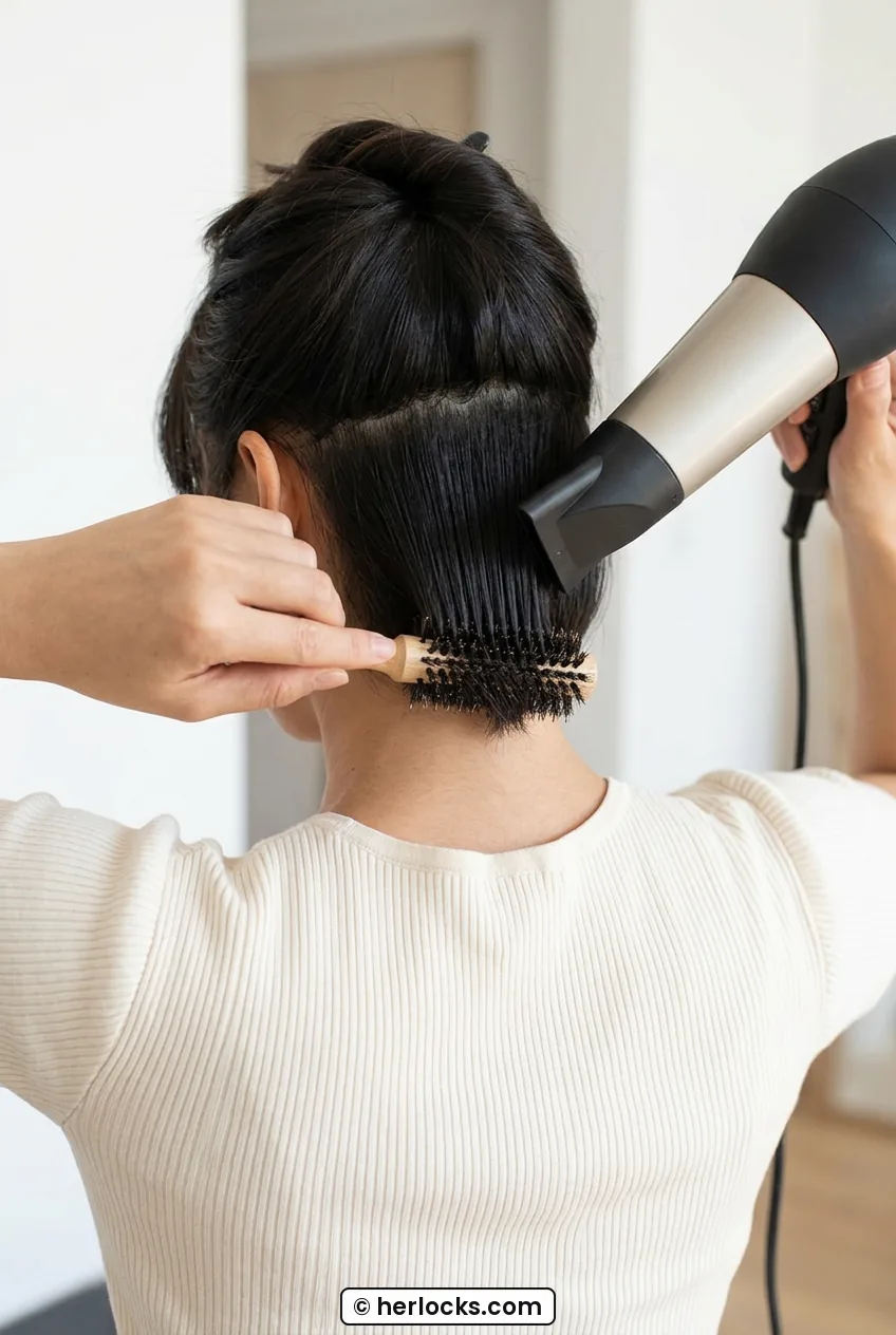 Woman drying nape of chin-length bob smooth with round brush
