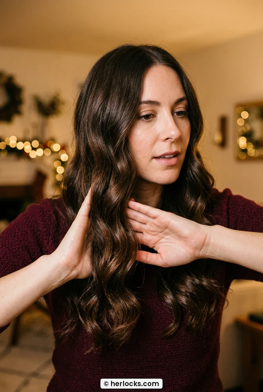 Woman smoothing serum over ends of glossy soft waves in warm light