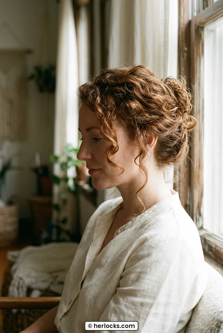Side profile of woman with curly updo and soft tendril along cheekbone