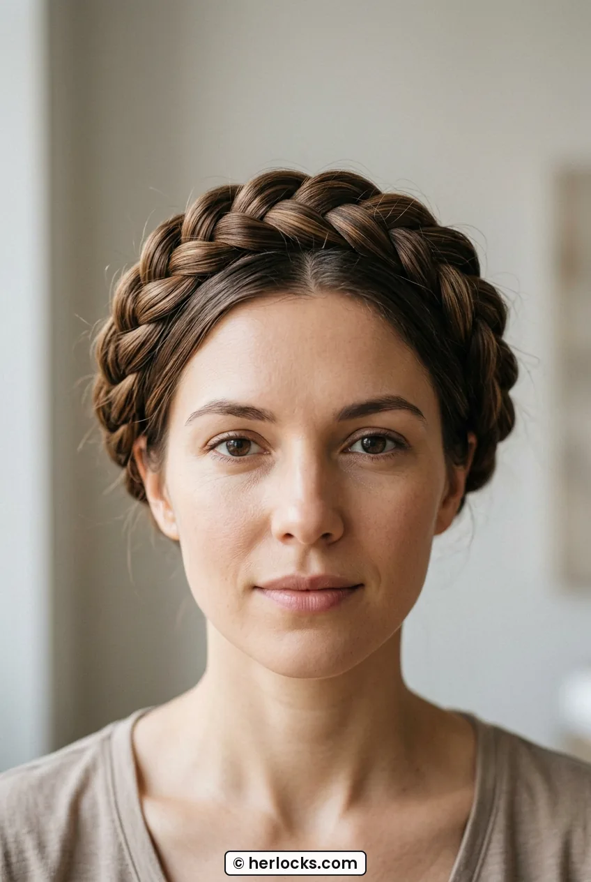 Woman with medium brown hair wearing crown braid wrapped around head